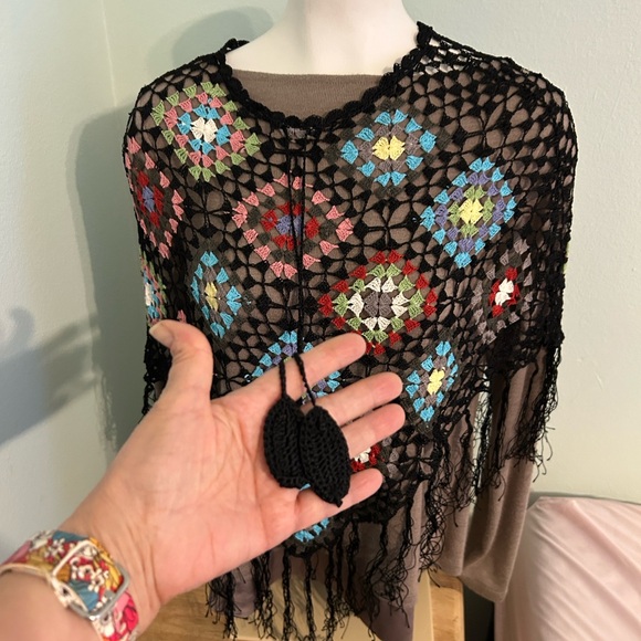 Chelsey Black Crochet shawl poncho with granny squares and fringe - Picture 2 of 5